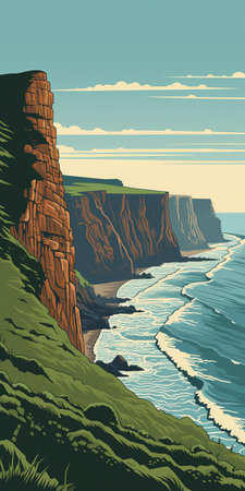 the cliff, a majestic natural wonder, stands tall in this stunning vintage-inspired linocut style vector illustration, boasting intricate details and textures, evoking a sense of adventure and serenity, perfect for nature lovers, travel enthusiasts, and design aficionados alike. ai generatedの素材