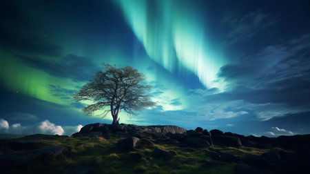 the aurora borealis, also known as the northern lights, illuminates the night sky above a serene shrubland landscape, captured in this breathtaking, award-winning photograph, showcasing the natural beauty of the polar regions, where the starry night sky meets the rugged terrain of the arctic wilderness. ai generatedの素材
