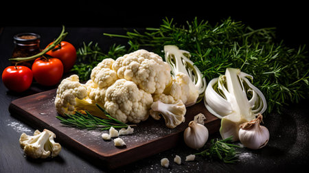 cauliflower, freshly cut and garnished with fragrant rosemary, aromatic spices, and caramelized onion, sits elegantly on a dark stone background, evoking a sense of rustic charm and wholesome goodness, perfect for a healthy vegetarian or vegan recipe inspiration. ai generatedの素材