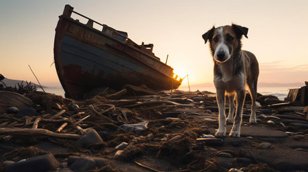 a lurcher dog emerges from a decaying shipwreck on a desolate beach, surrounded by crashing waves, capturing the essence of a dramatic coastal scene, evoking feelings of mystery and abandonment, perfect for those seeking atmospheric beach photography, shipwreck images, and lurcher breed enthusiasts. ai generatedの素材