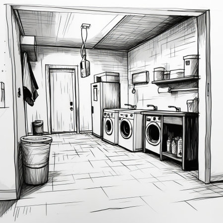 utility room sketch, crudely illustrated with simplistic, primitive, and minimalist approach, featuring broad, wide shapes, and thick lines, reminiscent of line art, created with a black marker or sharpie, exuding a rough, unfinished aesthetic, perfect for diy enthusiasts and home decor inspiration. ai generatedの素材