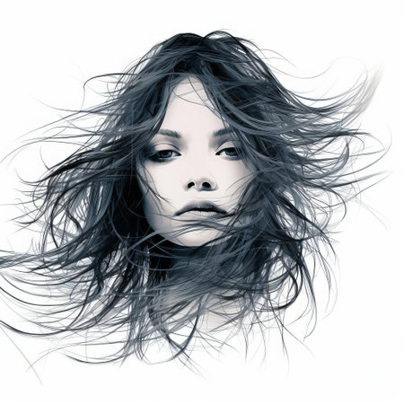 the woman, with her stunning features and luscious long hair, is beautifully illustrated in a continuous line drawing against a crisp white background, showcasing her elegance and sophistication, perfect for beauty, fashion, and portrait enthusiasts. ai generatedの素材