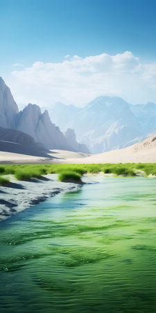 the mystical landscape unfolds with a surreal rub' al khali of green sand dunes, juxtaposed against a serene oasis, and snow-capped nordic-inspired mountains rising majestically in the background, while a small hill dominates the foreground, all captured in stunning close-up detail on 70mm film with an ultra-wide-angle lens, showcasing expertly controlled depth of field and tilt blur to amplify the composition's depth and dynamism. aiの素材