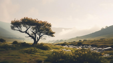 the shrubland, bathed in warm sunlight, exudes a serene and calming vibe, inviting viewers to step into its peaceful atmosphere, perfect for nature lovers and photography enthusiasts seeking calming landscapes, outdoor scenery, and tranquil environments. ai generatedの素材