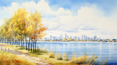 the cityscape, set against a brilliant blue sky, features the serene dnieper river flowing gently through the landscape, surrounded by lush willow and poplar trees, and a vibrant yellow field, all beautifully captured in a stunning watercolor artwork, evoking a sense of tranquility and natural beauty. ai generatedの素材