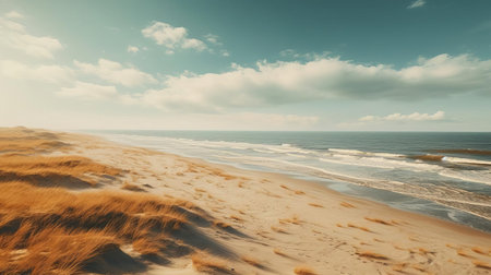 the savanna landscape stretches towards the horizon, where a serene sandy beach meets the warm-toned sky, evoking a sense of tranquility, reminiscent of famous drone photographers' works, capturing the essence of a hyper-realistic grassland scenery, perfect for nature enthusiasts and travel inspiration. ai generatedの素材