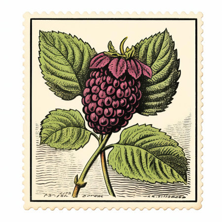 this vintage boysenberry stamp, showcased on a pristine white background, features an intricate color line engraving, evoking a sense of nostalgia and classic charm, perfect for designers and collectors of isolated old prints, antique illustrations, and retro botanical art. ai generatedの素材