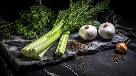 fresh celery, garnished with fragrant rosemary, aromatic spices, and thinly sliced onion, is beautifully arranged on a rustic dark stone background, evoking a sense of freshness and earthy flavors, perfect for healthy snacking, gourmet cooking, and culinary inspiration. ai generatedの素材