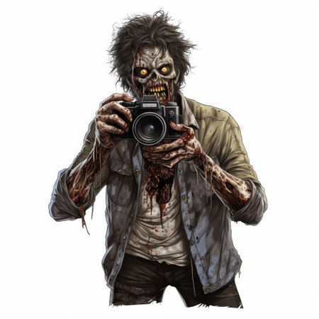 the photographer, dressed in a worn and tattered outfit, stands amidst a eerie atmosphere, surrounded by camera equipment, with a zombie-like complexion, capturing the essence of a post-apocalyptic world, blending horror and art in this hauntingly beautiful illustration, perfect for fans of zombie apocalypse and dark photography. ai generatedの素材