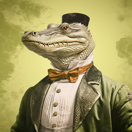 the majestic cool caiman, posed regally against a pristine white background, exudes an air of aristocracy, reminiscent of 18th-century portraits of nobility, showcasing its scaly skin in stunning high dynamic range, a true masterpiece worthy of an award-winning photograph, rendered in a striking halftone effect. ai generatedの素材