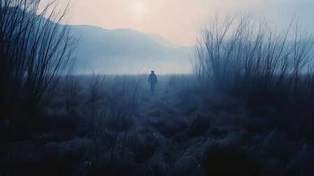 richard walks alone through the misty autumn valley, surrounded by tall trees and a veil of fog, on a chilly morning, capturing the essence of a serene and mysterious atmosphere in this lo-fi, instamatic-inspired photograph, evoking feelings of solitude and contemplation. ai generatedの素材