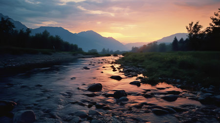 the mountain landscape unfolds with a brisk scenery, basking in the warm, golden evening glow, captured with a 35mm lens, exuding a photorealistic quality reminiscent of kodak film, evoking a sense of nostalgia, with the 4k resolution bringing every detail to life in stunning clarity. ai generatedの素材