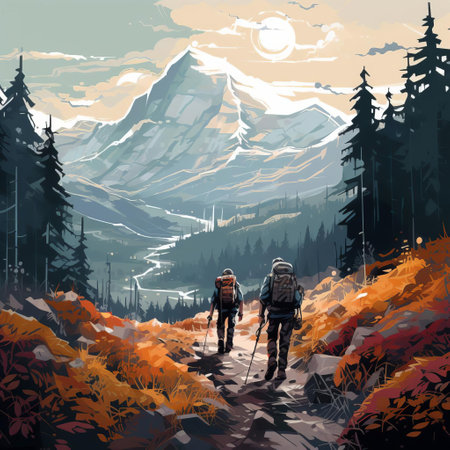 the hiker, dressed in adventure gear, treks through the serene woods, surrounded by lush greenery, with majestic mountains rising in the background, as the soft, warm colors of the illustration evoke a sense of tranquility and excitement, perfect for outdoor enthusiasts and nature lovers, capturing the essence of hiking and paintballing adventures. ai generatedの素材