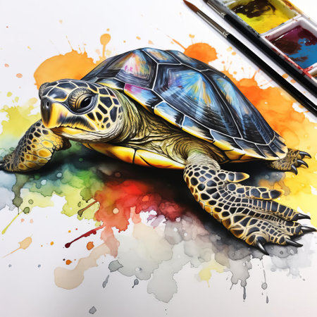 this majestic turtle, captured in a stunning hyper-realistic watercolor painting, stands out against a crisp white background, showcasing its intricate shell details and vibrant skin tones, with high contrast adding depth and dimension to this breathtaking aquatic creature artwork. ai generatedの素材