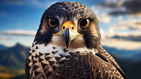 the falcon, with its sleek, aerodynamic body and piercing gaze, is majestically captured in this stunning photo-realistic image, highlighting its striking plumage, sharp talons, and powerful wings, showcasing the bird of prey's awe-inspiring beauty and agility in its natural habitat. ai generatedの素材
