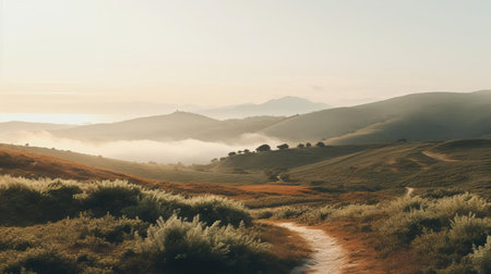 the shrubland, bathed in warm sunlight, exudes a serene and calming vibe, transporting viewers to a peaceful haven, perfect for relaxation and meditation, surrounded by nature's tranquility, with rolling hills and lush greenery, evoking feelings of calmness and serenity, ideal for wallpaper or background use. ai generatedの素材