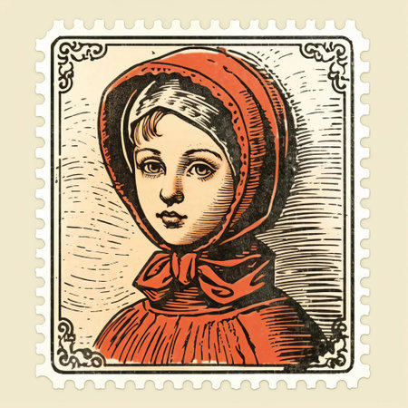 a young girl wearing a red hooded coat is depicted in this vintage-style post office stamp. the illustration draws inspiration from the necronomicon style, early medieval art, and simplified portraits. the image showcases traditional costumes from the period between 1860 and 1969. ai generatedの素材