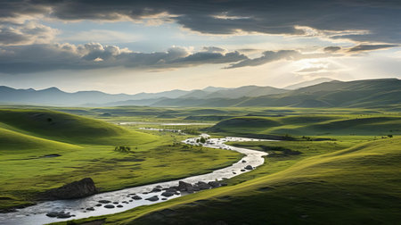 the serene landscape, characterized by undulating hills that mimic the pulse with varied heights, is bathed in soft evening light, resonating with the tranquility of a steady heart, evoking a sense of peacefulness and calmness, as captured through the lens of a sony alpha a6600 camera, showcasing the beauty of nature and landscape photography. ai generatedの素材