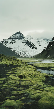 the kyzylkum landscape unfolds with a surreal fusion of nordic charm, featuring a serene oasis surrounded by snow-capped mountains in the background, juxtaposed with an unusual expanse of green sand, while a small hill rises gently in the foreground, all captured in breathtaking detail through an ultra-wide-angle lens on 70mm film, showcasing expertly controlled depth of field and tilt blur to create a mesmerizing visualの素材