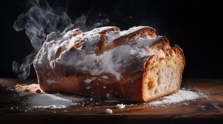 this artisanal bread, adorned with a delicate dusting of powdered sugar, is beautifully backlit to enhance its caramelized sweetness, showcasing the perfect blend of crispy crust and soft interior, ideal for a sweet breakfast or brunch treat, paired with a warm cup of coffee or tea. ai generatedの素材