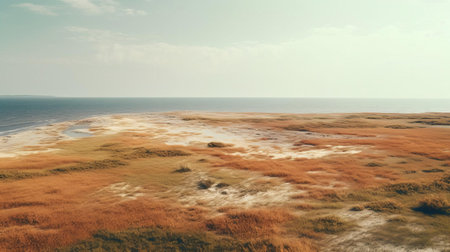 the savanna stretches towards the horizon, meeting a sandy beach where warm, golden hues of sunset kiss the shore, evoking a sense of serenity, reminiscent of the works of renowned drone photographers, capturing the essence of a tropical paradise in this breathtaking, hyper-realistic landscape photograph. ai generatedの素材