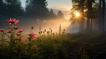 the boreal forest, shrouded in mist at dawn, sets the stage for a breathtaking scene where a delicate flower blooms, surrounded by the eerie silence of the forest floor, as a large game development helicopter flies in the distance, its powerful searchlight cutting through the fog, bathing the landscape in an ethereal glow, capturing the essence of harmony between nature and technology. ai generatedの素材