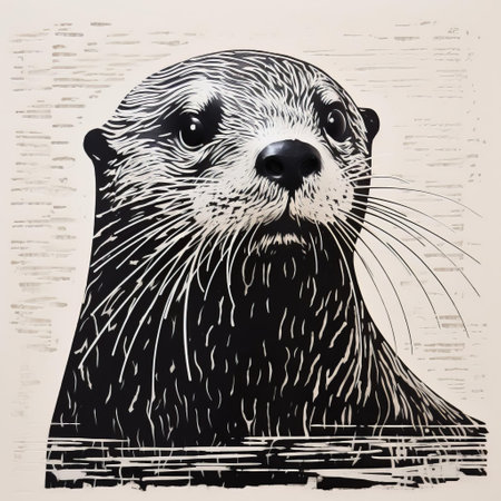 the otter, depicted in a stunning woodblock print, is showcased in a beautiful minimalist illustration, featuring a striking one-color design that highlights the animal's playful nature, perfect for nature lovers and art enthusiasts alike, evoking a sense of serenity and simplicity. ai generatedの素材