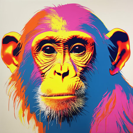 a chimp's hand, vibrant and colorful, is captured in this 8k resolution photograph. set against a beige background, the hand stands out with its neon realism and stencil art style. the illustration showcases photorealistic wildlife art, with a strong emphasis on the chimp's facial expression. animal figurines add an extra touch to this captivating image. ai generatedの素材