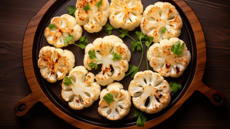 cauliflower slices, arranged artfully on a rustic wooden tray, showcase their delicate florets and creamy white color, perfect for a healthy snack or addition to a vegan recipe, highlighting the versatility of this nutritious cruciferous vegetable in modern cooking and meal prep. ai generatedの素材
