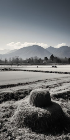 the serene japanese landscape features a lush green mound surrounded by a vibrant rice paddy, set against a stunning backdrop of majestic mountains in the distance, under a brilliant blue sky with soft, warm light, captured in breathtaking 8k detail with a film sense portrait aesthetic, evoking a sense of tranquility and harmony with nature. ai generatedの素材