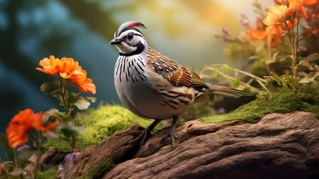 the quail, a delicate and intricately patterned bird, is beautifully captured in this stunning photo realistic image, showcasing its vibrant plumage, subtle color variations, and striking facial features, highlighting the natural beauty of these charming game birds in their natural habitat. ai generatedの素材