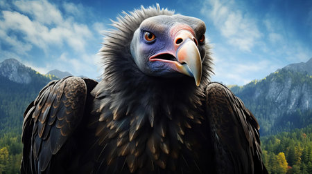 the vulture, with its majestic wingspan and sharp talons, is majestically perched on a rustic tree branch, showcasing its striking plumage and powerful build, highlighting the beauty of these often-misunderstood birds of prey in their natural habitat, surrounded by lush greenery and a serene atmosphere. ai generatedの素材