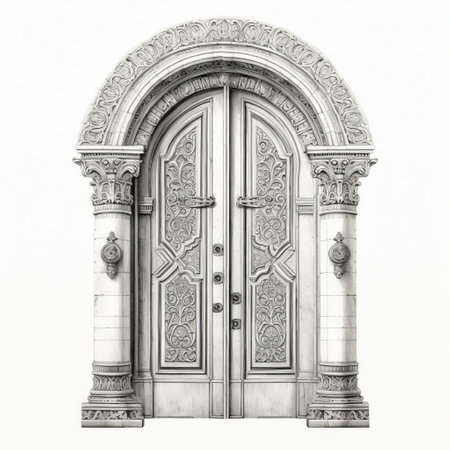 the renaissance art-inspired door, adorned with intricate carvings and ornate details, stands out against a pristine white background, evoking the grandeur of 15th-century italian architecture, perfect for art enthusiasts, designers, and historians seeking elegant, vintage, and classic design elements. ai generatedの素材