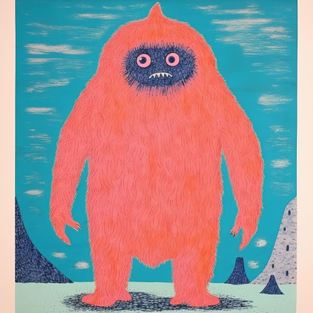 the monster, a vibrant and mysterious creature, comes to life in this stunning minimal screenprint illustration, carefully crafted as a risograph print, showcasing its full body in a mesmerizing blend of bold colors and subtle textures, perfect for fans of modern art and illustration. ai generatedの素材