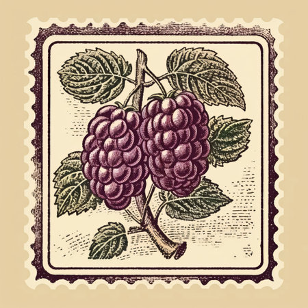 this vintage boysenberry stamp features an isolated old print on a white background, showcasing a beautiful color palette and intricate line engraving, reminiscent of a bygone era, perfect for designers and collectors of antique illustrations and fruit-themed ephemera. ai generatedの素材