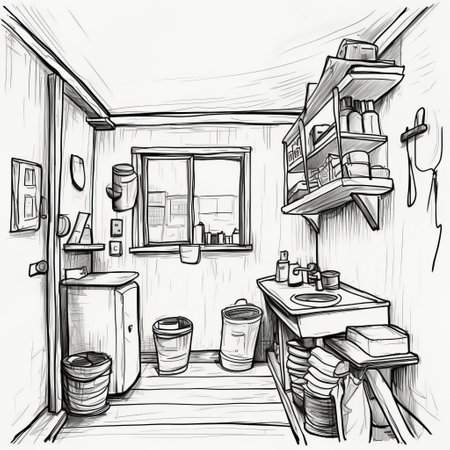 utility room illustration, crudely rendered in a primitive, simplistic style, featuring broad, wide shapes and thick lines, reminiscent of lineart, outlined in black marker or sharpie, exuding a charming, minimalist aesthetic, perfect for those who appreciate rough, hand-drawn art. ai generatedの素材