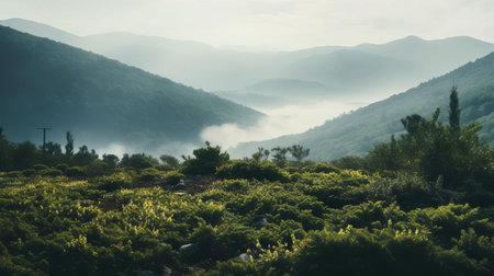 the shrubland, bathed in warm sunlight, exudes a serene and calming vibe, inviting viewers to step into its peaceful atmosphere, perfect for nature lovers and photography enthusiasts seeking calming wallpapers or backgrounds featuring rustic landscapes, wildflowers, and rolling hills. ai generatedの素材