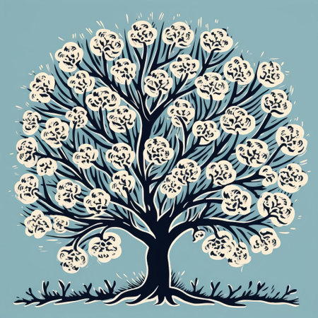 the cotton tree stands majestically against a backdrop of negative space in this striking, single-color linocut artwork, its essence distilled into simple, bold shapes that evoke a sense of power and elegance, showcasing the beauty of minimalist art and the unique character of this iconic tree species. ai generatedの素材