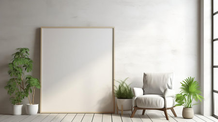 the modern loft apartment features a stylish poufs mockup, surrounded by lush green plants and a blank empty picture frame on the wall, creating a serene and calming atmosphere, perfect for relaxation and rejuvenation in a cozy urban oasis, blending industrial chic with natural elegance. ai generatedの素材