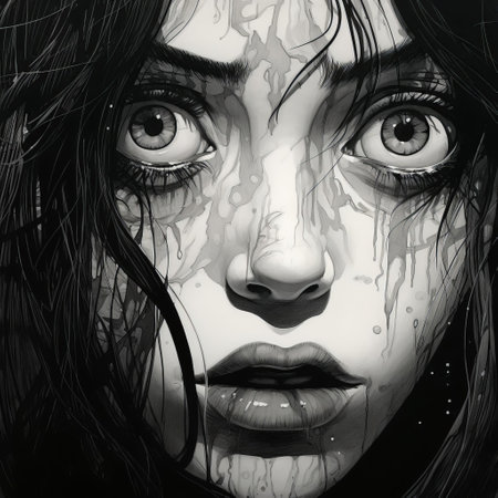 sirens, depicted with big, expressive eyes, are brought to life in this striking black and white drawing, reminiscent of action-packed scenes from gritty horror comics, showcasing blink-and-you-miss-it detail and exaggerated expressions, blending traditional sosaku hanga techniques with realistic hyper-detail. ai generatedの素材