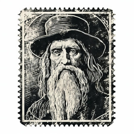 an old stamp featuring a portrait of an elderly man with flowing hair, reminiscent of fantasy illustrations. the monochromatic composition evokes a sense of nostalgia, reminiscent of post-impressionism in 19th-century american art. the figure's serpentine pose adds a dynamic element to the stamp, reminiscent of editorial illustrations. this captivating image could easily grace the pages of national geographic. ai generatedの素材