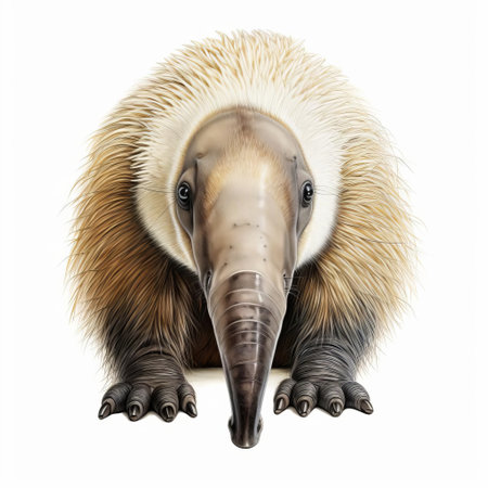 the anteater, with its distinctive snout and claws, is showcased in stunning detail in this 8k ultra-clear close-up illustration, set against a crisp white background, providing an unobstructed view of its unique features, perfect for nature enthusiasts and wildlife lovers alike. ai generatedの素材