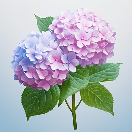 the hydrangea, a stunningly beautiful flower with delicate petals and vibrant blue color, is showcased in this high-quality, realistic photo, isolated on a crisp white background, highlighting its intricate details and textures, perfect for botanical, floral, or gardening enthusiasts. ai generatedの素材