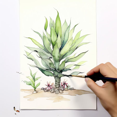 the agave, surrounded by majestic cypress branches, takes center stage in this whimsical watercolor painting on a pristine white background, bursting with vibrant colors and playful textures, perfect for adding a touch of cartoon-inspired charm to any digital space in stunning 4k resolution. ai generatedの素材
