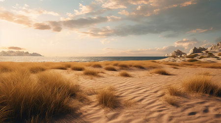 the savanna stretches towards the horizon, meeting a sandy beach where warm, golden hues of sunset kiss the shore, evoking a sense of serenity, as if captured by a drone photographer, reminiscent of famous aerial shots, with hyper-realistic details and a warm color grading that immerses the viewer in this idyllic scene. ai generatedの素材