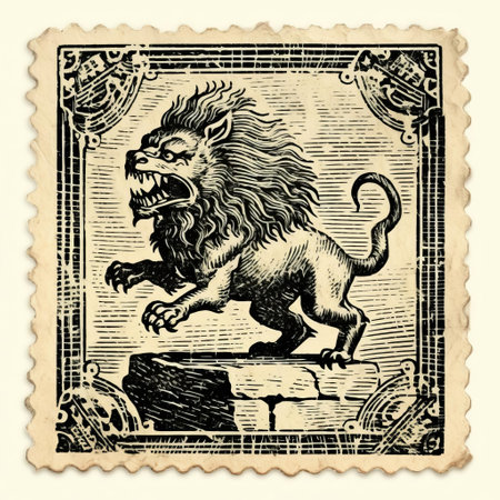an antique engraving of a lion, featuring a whimsical yet eerie animal symbolism reminiscent of illustrations found in the necronomicon. the engraving showcases lively action poses, with the lion depicted in a precarious balance. the color palette consists of light yellow and dark indigo, adding to the overall mysterious atmosphere. these editorial illustrations strike a perfect balance between realistic and stylized elements. ai generatedの素材