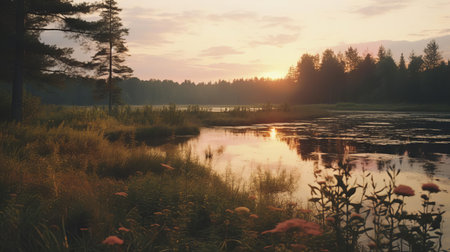 the september scenery unfolds with warm, golden hues as the evening glow casts a serene ambiance, captured with precision using a 35mm lens, evoking a photorealistic quality reminiscent of kodak film, transporting viewers to a tranquil autumn evening, bathed in soft, cinematic light, perfect for 4k displays. ai generatedの素材