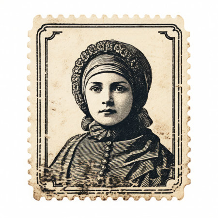 this vintage stamp features an isolated old print of mia on a white background, showcasing intricate ink details and exquisite line engraving, evoking a sense of nostalgia and classic elegance, perfect for collectors and enthusiasts of antique postal art and philately. ai generatedの素材