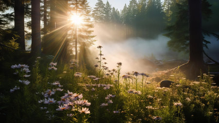 the boreal forest, bathed in the soft, golden light of dawn, is enveloped in a mystical mist, as a delicate flower blooms amidst the serene atmosphere, while in the distance, a futuristic game development helicopter soars through the fog, its powerful searchlight cutting through the mist, evoking a sense of wonder and harmony between nature and technology. ai generatedの素材