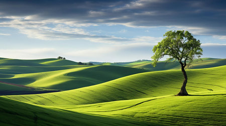 the serene sharon stands tall amidst a breathtaking landscape of rolling hills and lush green grass, exuding quiet confidence and elegance in a flowing silk robe that harmonizes with the natural surroundings, basking in the warm sunlight that filters through the leaves, evoking a sense of tranquility and contemplation in this idyllic scene. ai generatedの素材